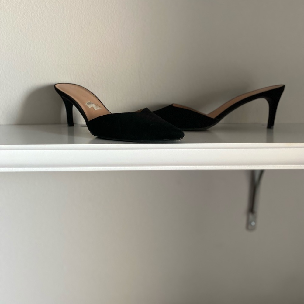 Black suede kitten slip ons